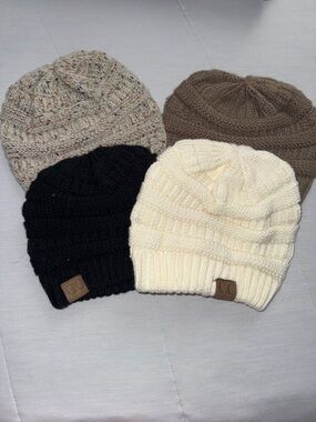 C.C Knit Beanie Set - Cream, Black, Brown, Speckled Taupe